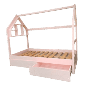 Cama Montessori Tipo Casita 2 Gavetas 6 Nichos Laqueada en Rosa Individual