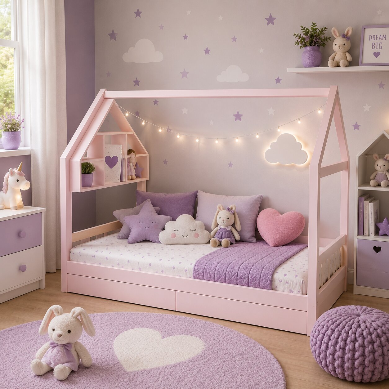 Cama Montessori Tipo Casita Sin Gavetas 6 Nichos Laqueada en Rosa Individual - Imagen 2