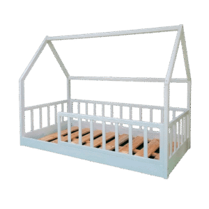 Cama Tipo Casita con Barandas Horizontales Blanca Individual