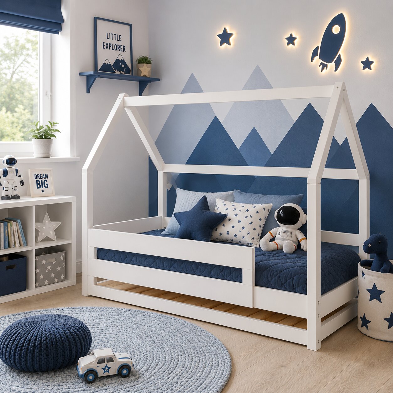 Cama Montessori Tipo Casa con Barandas Blanca Individual - Imagen 2