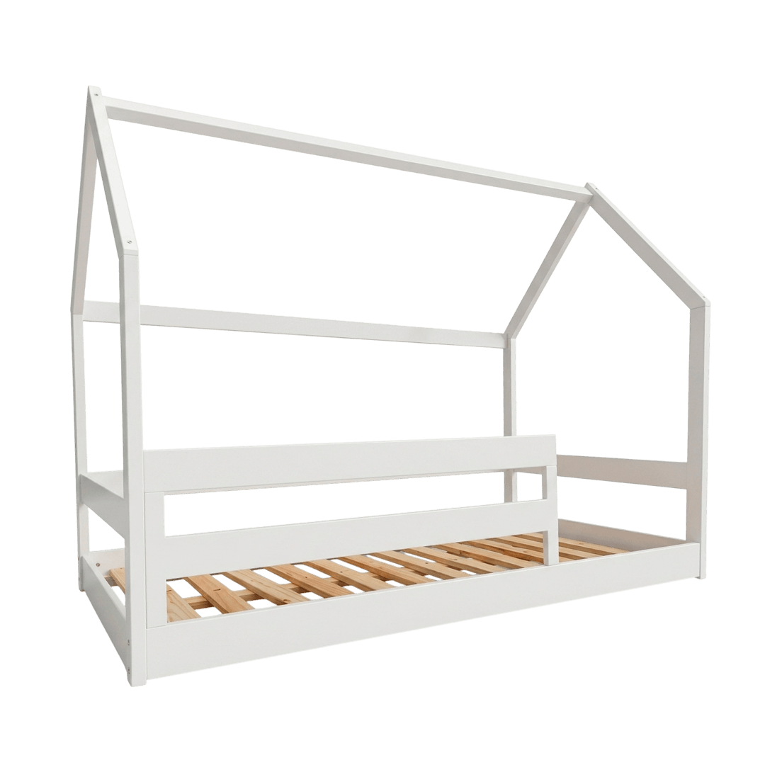 Cama Montessori Tipo Casa con Barandas Blanca Individual